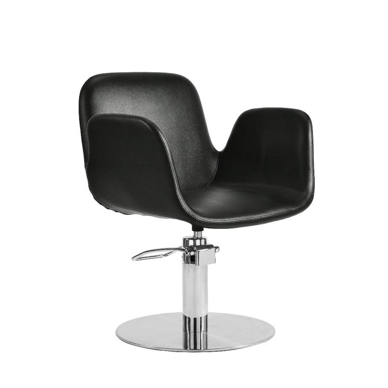 A modern black salon hairdressers chair with a swivel seat, curved backrest, and a polished chrome hydraulic lift base on a white background.